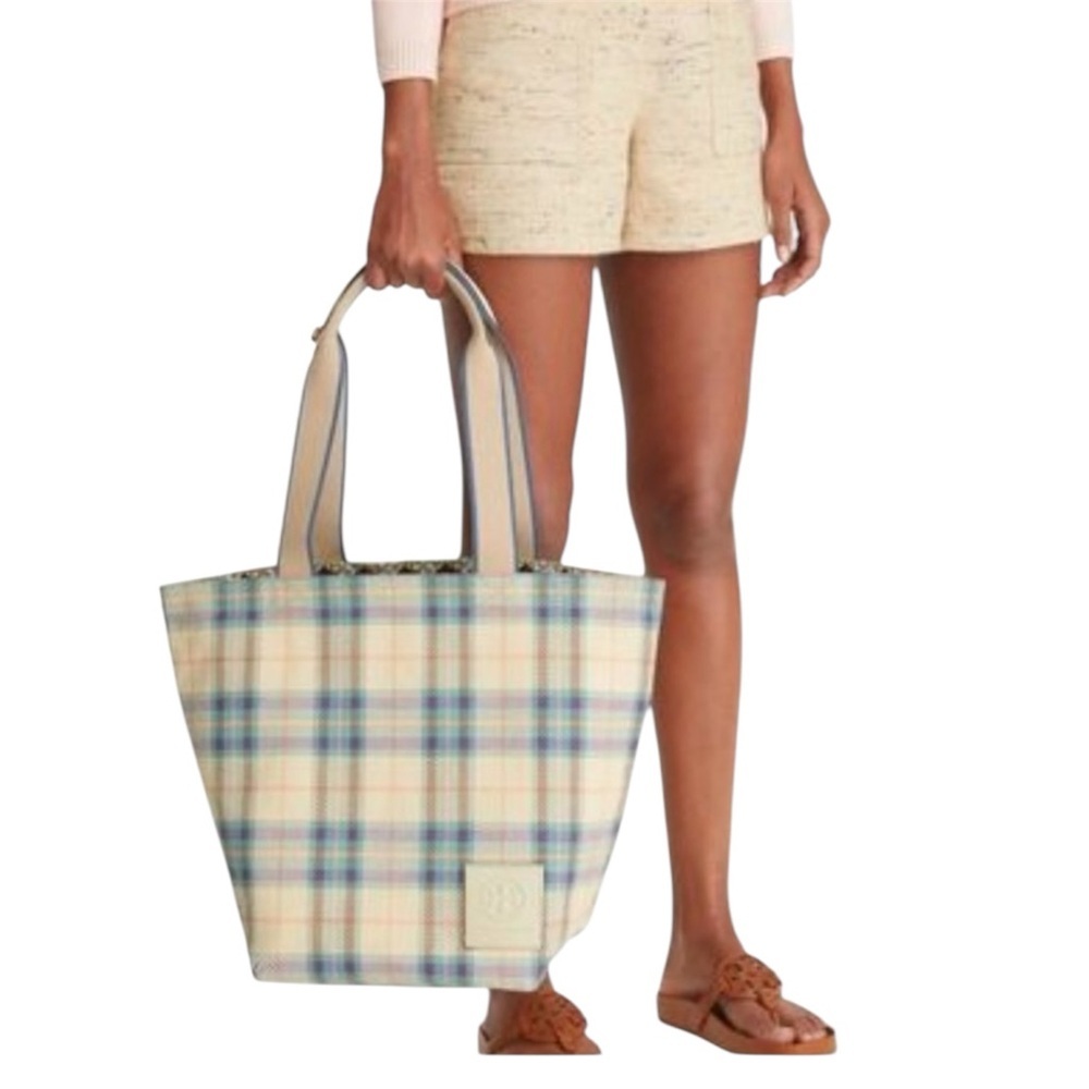 Tory Burch Gracie Printed Canvas Tote Lakeside Plaid